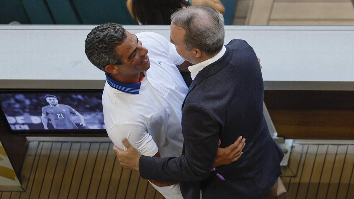 Former Miami Mayor Francis Suarez greets José Mas co-owner of Inter Miami CF, before the start of the World Cup Group K soccer match between Colombia and Portugal at Hard Rock Stadium (Miami Stadium) in Miami Gardens, Florida on Saturday, June 27, 2026.