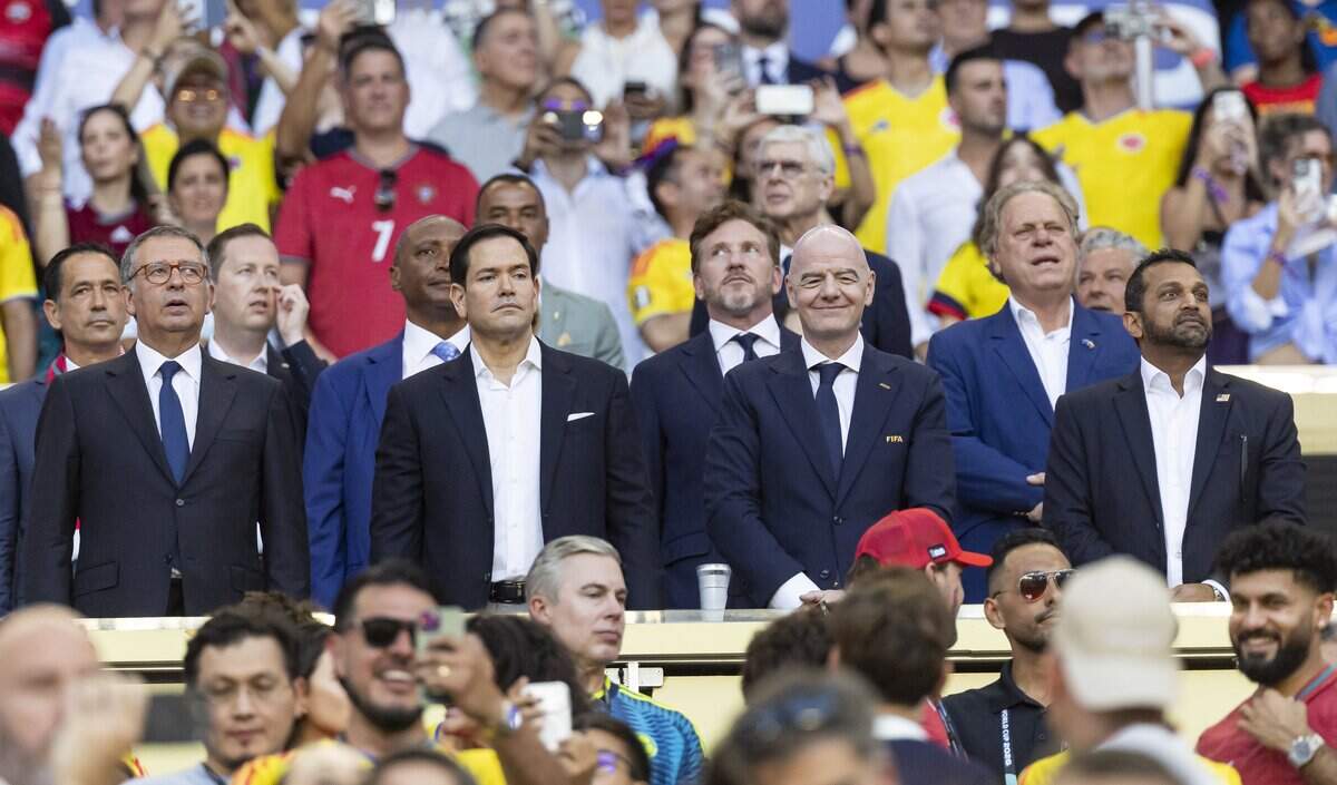 From left to right: United States Secretary of State Marco Rubio, President of FIFA Gianni Infantino and Director of the Federal Bureau of Investigation Kash Patel prepare to watch a World Cup Group K soccer match between Portugal and Colombia at Hard Rock Stadium (Miami Stadium) on Saturday, June 27, 2026, in Miami Gardens, Fla.