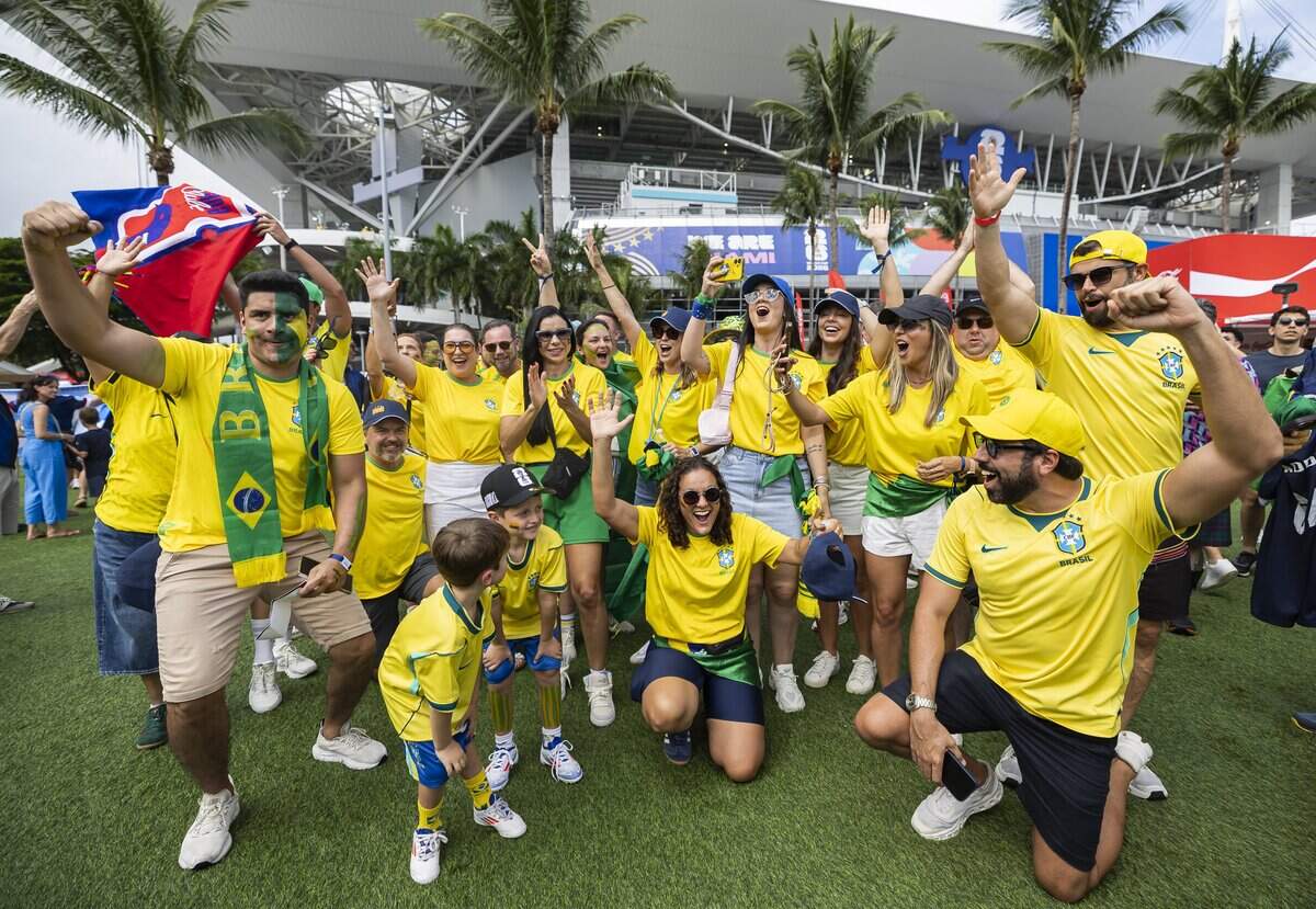 Brazil fans cheer as they arrive to Hard Rock Stadium (Miami Stadium) before the start of his team's World Cup Group C soccer match against Scotland on Wednesday, June 24, 2026, in Miami Gardens, Fla.