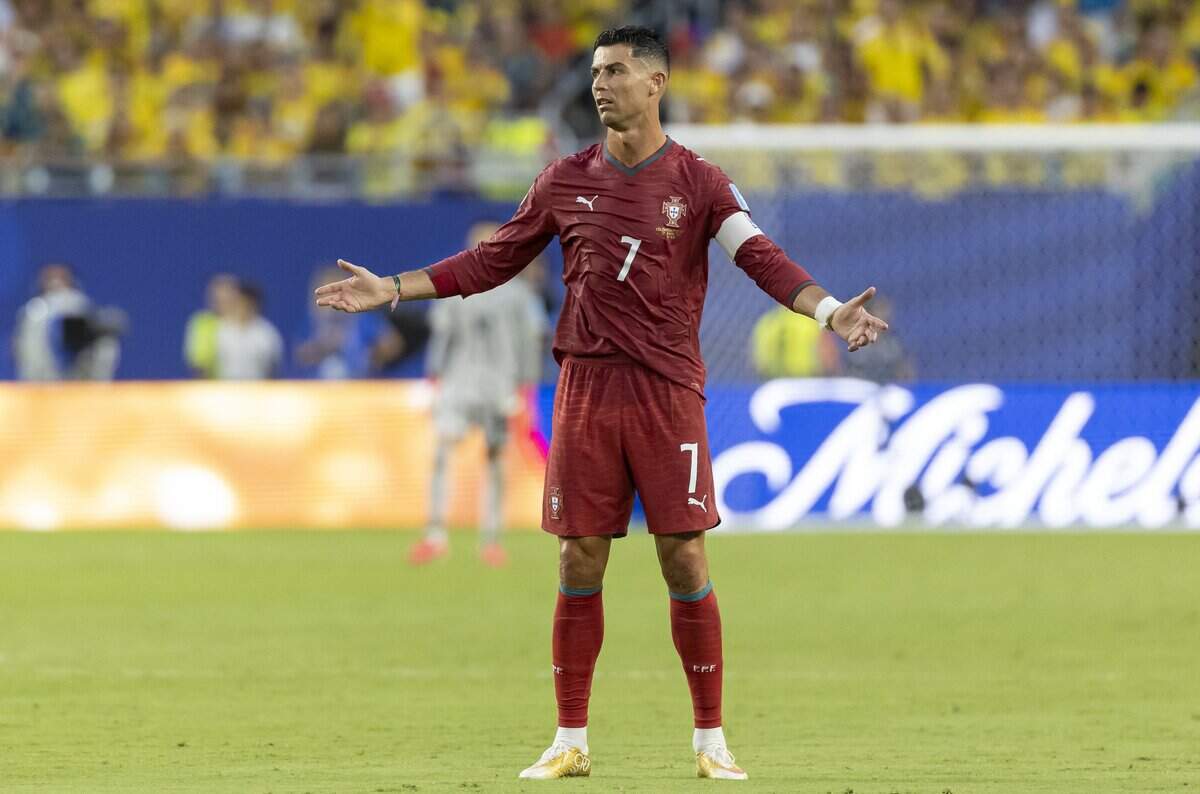 Portugal forward Cristiano Ronaldo (7) reacts after a play against Colombia in the first half of their World Cup Group K soccer match at Hard Rock Stadium (Miami Stadium) on Saturday, June 27, 2026, in Miami Gardens, Fla.