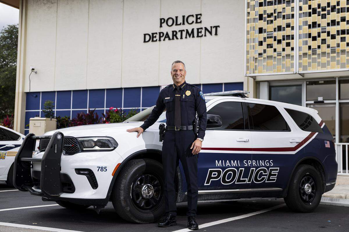 Matthew Castillo, chief of police in Miami Springs, is photographed at police headquarters on Friday, May 29, 2026, in Miami Springs, Fla. Castillo is set to replace Edwin Lopez as chief of the Doral Police Department after Lopez was appointed chief of the City of Miami Police Department.