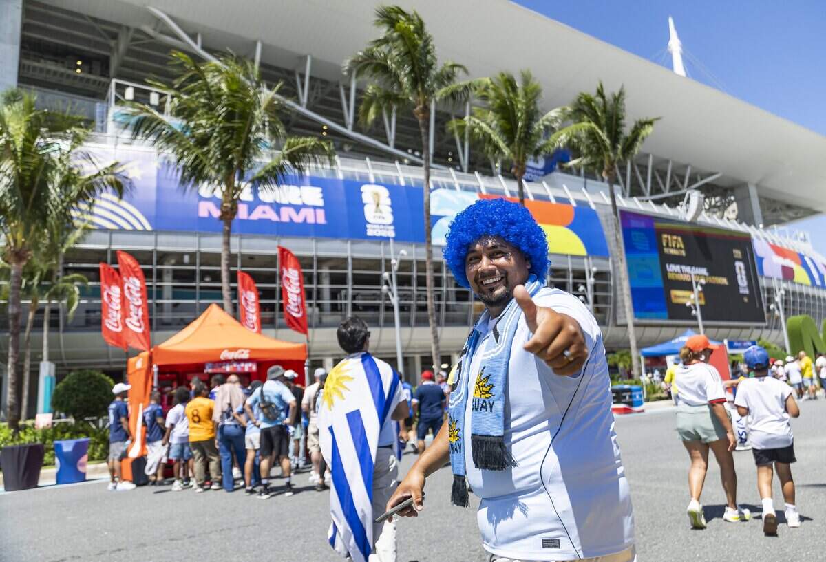 Cristian Martinez, an Uruguay fan, reacts as he arrives to Hard Rock Stadium before his team's World Cup Group H soccer match against Cape Verde on Sunday, June 21, 2026, in Miami Gardens, Fla.