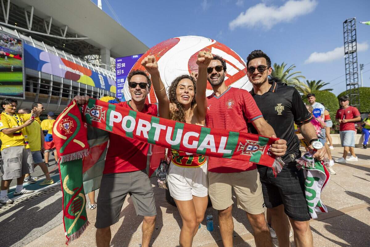 Portugal fans cheer as they arrive to watch their team play against Colombia in their World Cup Group K soccer match at Hard Rock Stadium (Miami Stadium) on Saturday, June 27, 2026, in Miami Gardens, Fla.