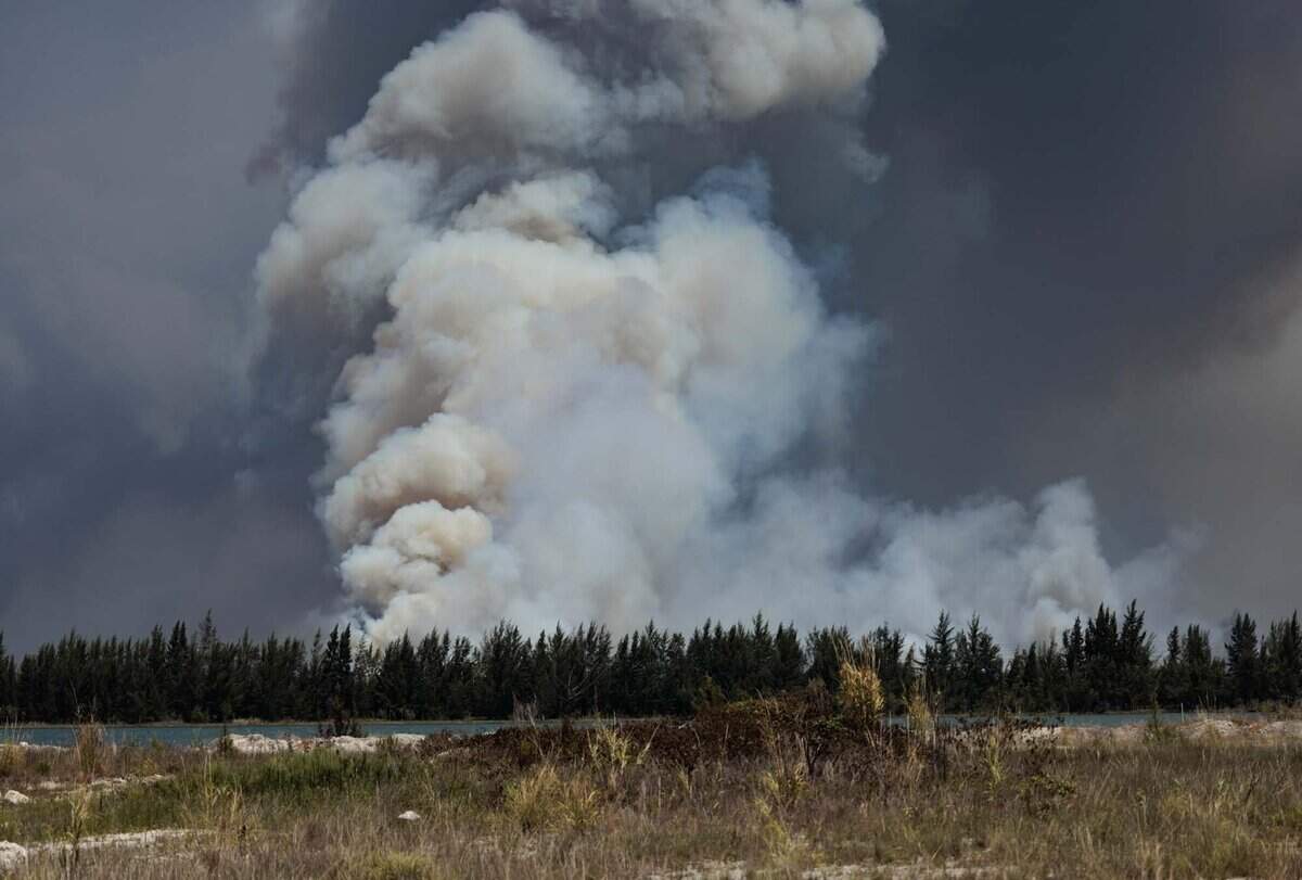 Smoke rises during a brush fire on Wednesday, June 17, 2026, in west Miami-Dade just west of Doral. The fire is 5,300 acres and 30% contained as of Wednesday morning.
