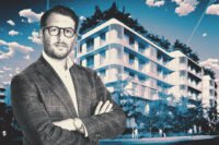 Clara Homes' James Curnin with a rendering of the six-story, 77-unit apartment building in Bay Harbor Islands
