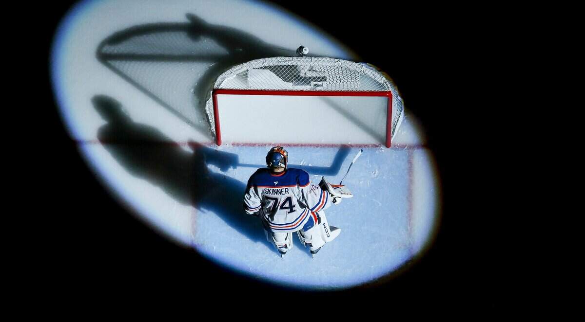 Edmonton Oilers goaltender Stuart Skinner (74) looks on during the opening ceremonies of Game 3 in his NHL Stanley Cup Final series against the Florida Panthers at Amerant Bank Arena on Monday, June 9, 2025, in Sunrise, Fla.