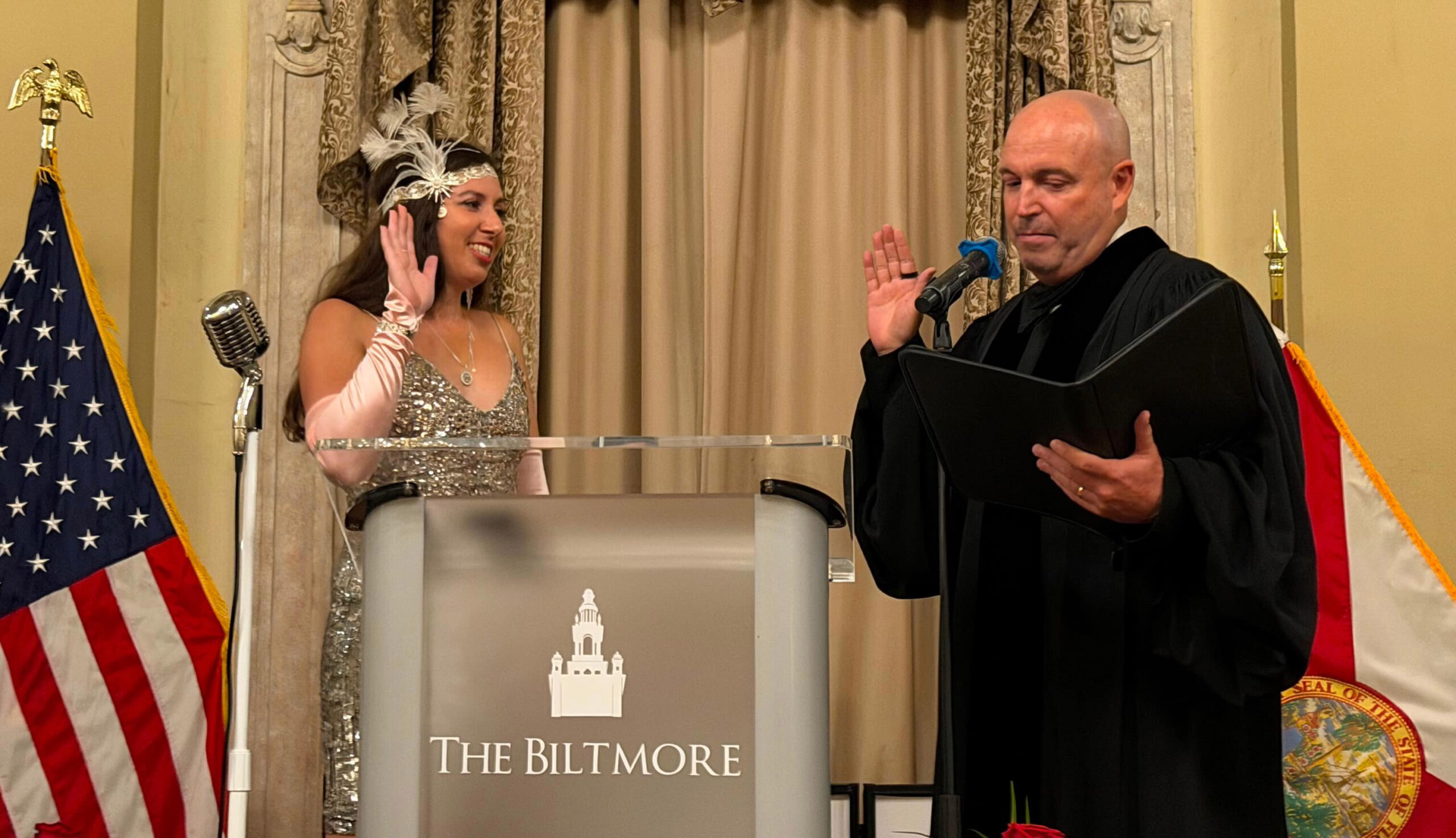 In keeping with the gala's Gatsby-inspired theme, Melissa V. Jordon takes the oath of office as president of the Miami-Dade Bar during the association's 110th Installation Gala at the historic Biltmore Hotel in Coral Gables.