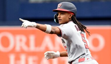 Washington Nationals' CJ Abrams celebrates as he rounds the bases after hitting a home run during the second inning of a baseball game against the Tampa Bay Rays, Saturday, June 20, 2026, in St. Petersburg, Fla. (AP Photo/Jason Behnken)