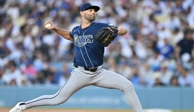 Tampa Bay pitcher Nick Martinez delivers a pitch during the second inning against the Dodgers Monday night in Los Angeles. (AP Photo/William Liang)