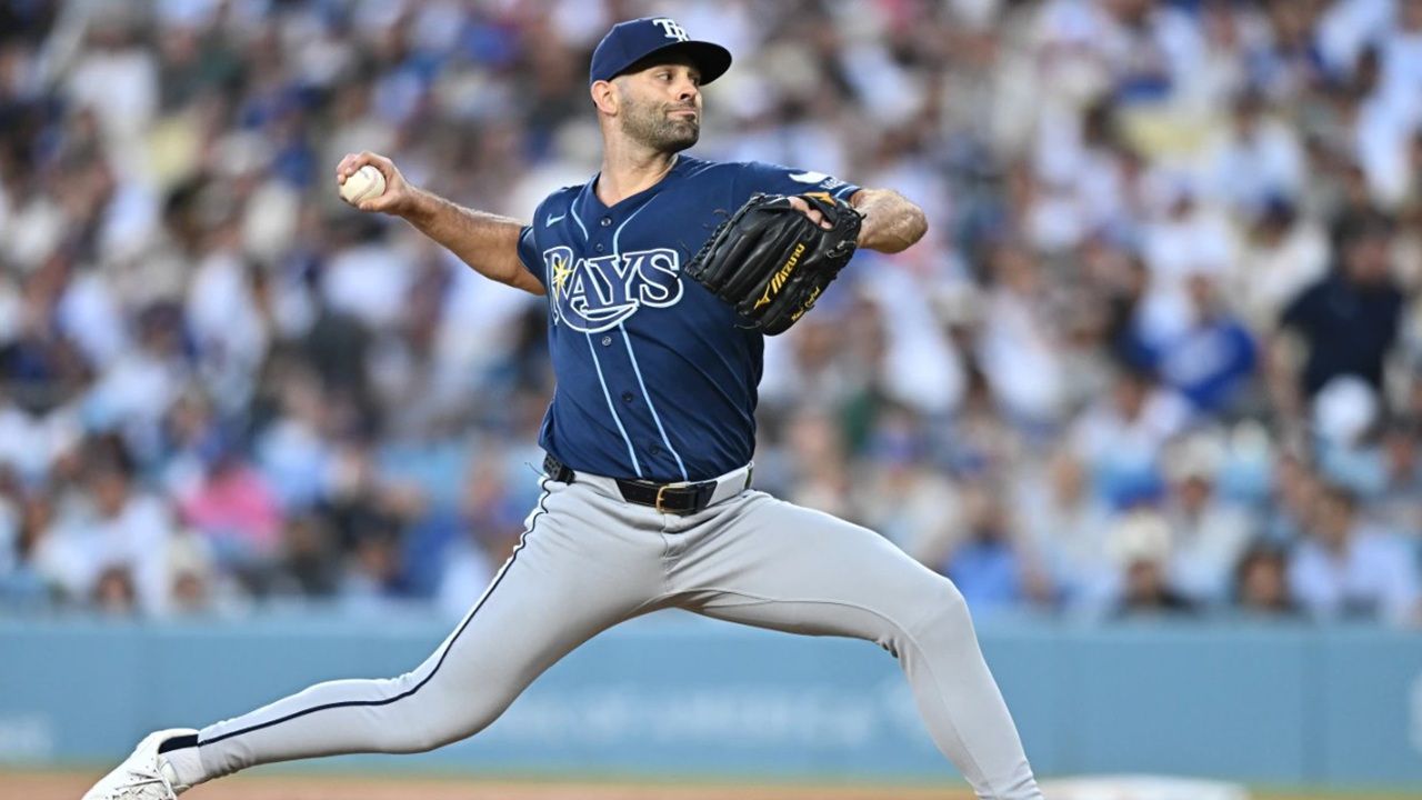 Tampa Bay pitcher Nick Martinez delivers a pitch during the second inning against the Dodgers Monday night in Los Angeles. (AP Photo/William Liang)