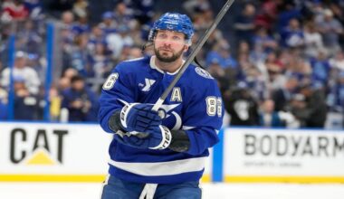 Tampa Bay Lightning right wing Nikita Kucherov looks on before Game 1 of an NHL hockey Stanley Cup first-round playoff series against the Montréal Canadiens, April 19, 2026, in Tampa, Fla. (AP Photo/Chris O’Meara, File)