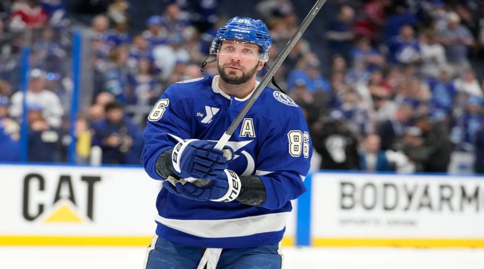 Tampa Bay Lightning right wing Nikita Kucherov looks on before Game 1 of an NHL hockey Stanley Cup first-round playoff series against the Montréal Canadiens, April 19, 2026, in Tampa, Fla. (AP Photo/Chris O’Meara, File)
