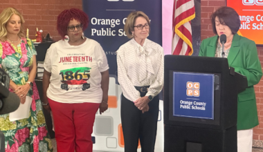 Orange County Public Schools Superintendent Maria Vazquez addresses the media at the Tuesday press conference at the Ronald Blocker Educational Leadership Center in Orlando as School Board members Angie Gallo (District 1) and Vicki-Elaine Felder (District 5) and School Board Chair Teresa Jacobs (L to R) watch.