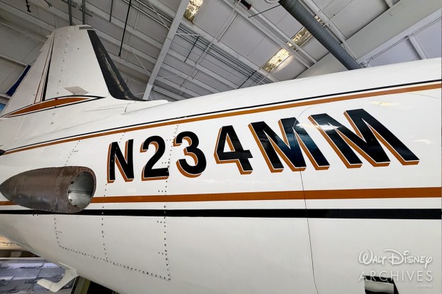 The N234MM registration number, with the MM honoring Mickey Mouse, on Walt Disney's Grumman Gulfstream I company plane at the Palm Springs Air Museum. (Courtesy of Walt Disney Archives)