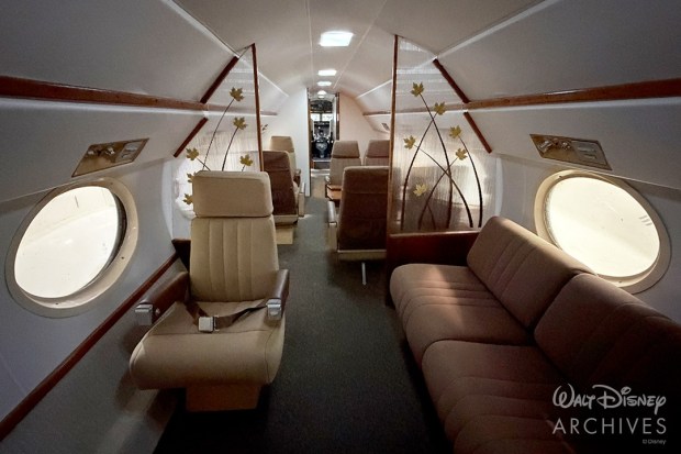 The restored interior of Walt Disney's Grumman Gulfstream I company plane at the Palm Springs Air Museum. (Courtesy of Walt Disney Archives)
