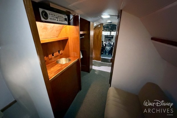 The restored interior of Walt Disney's Grumman Gulfstream I company plane at the Palm Springs Air Museum. (Courtesy of Walt Disney Archives)