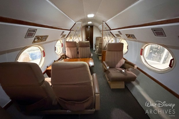 The restored interior of Walt Disney's Grumman Gulfstream I company plane at the Palm Springs Air Museum. (Courtesy of Walt Disney Archives)