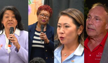 Orange County mayoral candidates (from left) Orange County Commissioner Mayra Uribe, Orange County Clerk of Courts Tiffany Moore Russell and former U.S. Rep. Stephanie Murphy attended a candidate forum in Apopka Thursday. Businessman Chris Messina (right) is also in the race, but said he was not invited to participate. Forum organizers say they reached out to him several times. (Spectrum News/Christopher Krul)