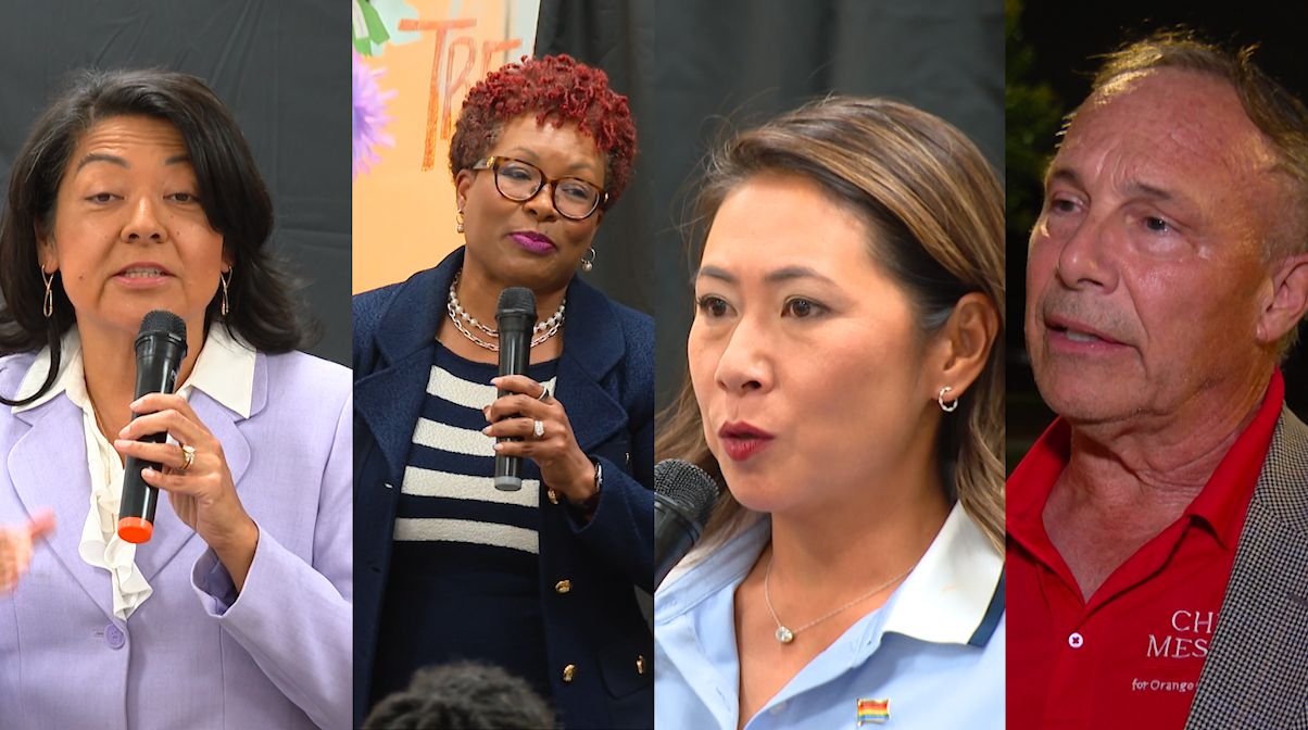 Orange County mayoral candidates (from left) Orange County Commissioner Mayra Uribe, Orange County Clerk of Courts Tiffany Moore Russell and former U.S. Rep. Stephanie Murphy attended a candidate forum in Apopka Thursday. Businessman Chris Messina (right) is also in the race, but said he was not invited to participate. Forum organizers say they reached out to him several times. (Spectrum News/Christopher Krul)