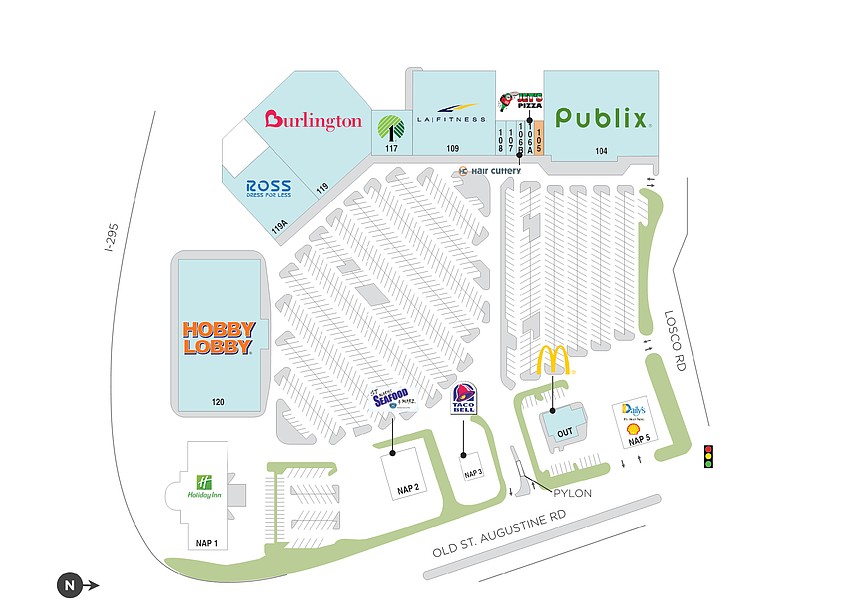 A site plan by landlord Regency Centers shows Burlington Stores in 58,124 square feet of space in Old St. Augustine Plaza at 11250 Old St. Augustine Road in Mandarin. A site plan by landlord Regency Centers shows Burlington Stores in 58,124 square feet of space in Old St. Augustine Plaza at 11250 Old St. Augustine Road in Mandarin.