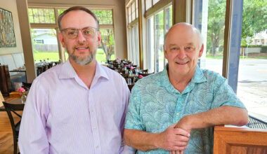 Hughes Brown and his father, Jerry, at the newly opened Oxford Place