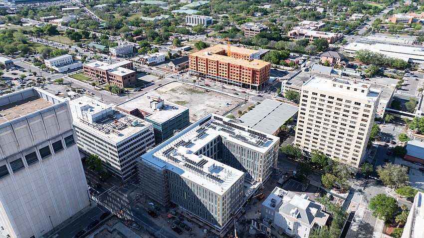 Gateway Jax's first building in Pearl Square, Vandeveer, is shown at center bottom. It is expected to be completed in 2026. The second project, at 425 Beaver St., is at top center. Gateway Jax's first building in Pearl Square, Vandeveer, is shown at center bottom. It is expected to be completed in 2026. The second project, at 425 Beaver St., is at top center.