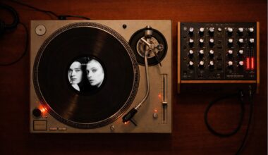 Photo of a turntable with a record playing.