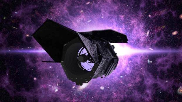 A high-resolution illustration of the Nancy Grace Roman Space Telescope against a starry background.