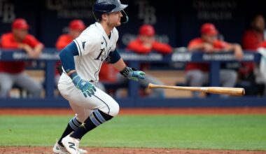 Tampa Bay Rays' Ben Williamson drops his bat after his RBI single off Los Angeles Angels pitcher Drew Pomeranz during the seventh inning of a baseball game Sunday, May 31, 2026, in St. Petersburg, Fla. (AP Photo/Chris O'Meara)