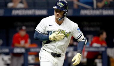 Tampa Bay Rays' Jonny DeLuca celebrates as he rounds the bases after his home run during the eighth inning of a baseball game against the Washington Nationals Friday, June 19, 2026, in St. Petersburg, Fla. (AP Photo/Jason Behnken)
