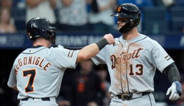 Detroit Tigers' Dillon Dingler (13) celebrates with Kevin McGonigle (7) after Dingler hit a two-run home run off Tampa Bay Rays pitcher Griffin Jax during the third inning of a baseball game Monday, June 1, 2026, in St. Petersburg, Fla. (AP Photo/Chris O'Meara)