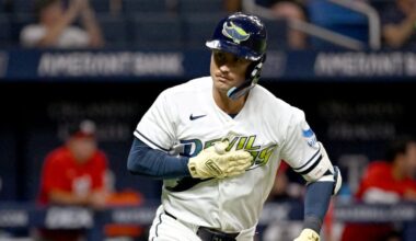 Tampa Bay Rays' Jonny DeLuca celebrates as he rounds the bases after his home run during the eighth inning of a baseball game against the Washington Nationals Friday, June 19, 2026, in St. Petersburg, Fla. (AP Photo/Jason Behnken)