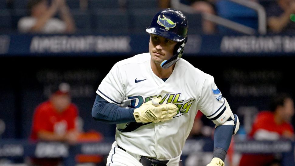 Tampa Bay Rays' Jonny DeLuca celebrates as he rounds the bases after his home run during the eighth inning of a baseball game against the Washington Nationals Friday, June 19, 2026, in St. Petersburg, Fla. (AP Photo/Jason Behnken)