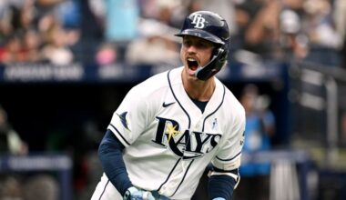 Tampa Bay Rays' Jonny DeLuca celebrates after his two-run home run as he rounds the bases during the seventh inning of a baseball game against the Washington Nationals, Sunday, June 21, 2026, in St. Petersburg, Fla. (AP Photo/Jason Behnken)