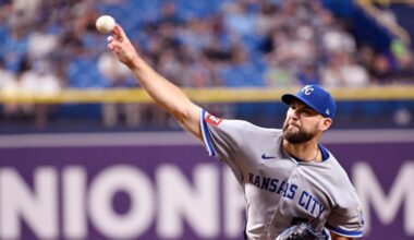 Kansas City Royals pitcher Michael Wacha throws during the fifth inning of a baseball game against the Tampa Bay Rays, Monday, June 22, 2026, in St. Petersburg, Fla. (AP Photo/Jason Behnken)
