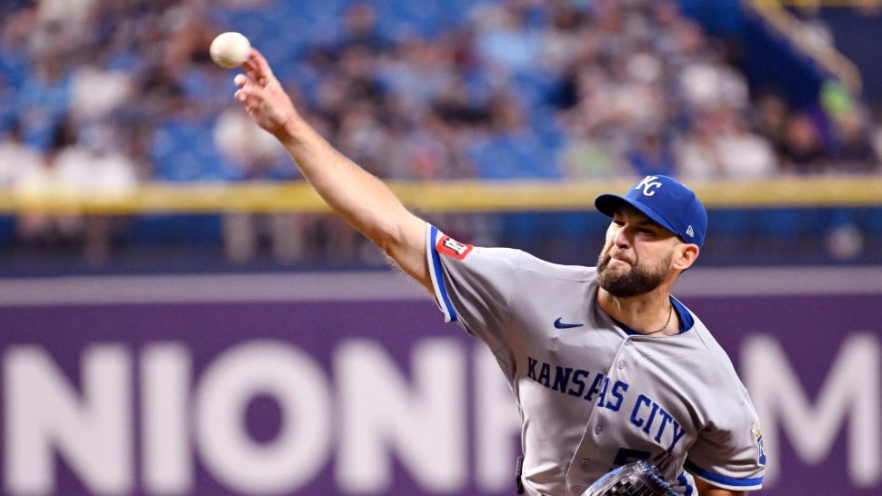 Kansas City Royals pitcher Michael Wacha throws during the fifth inning of a baseball game against the Tampa Bay Rays, Monday, June 22, 2026, in St. Petersburg, Fla. (AP Photo/Jason Behnken)