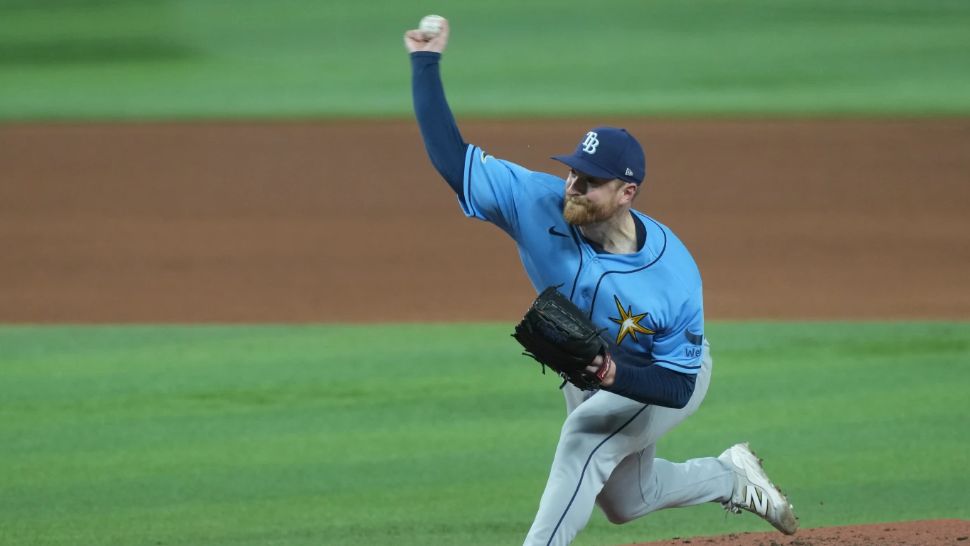 Tampa Bay Rays pitcher Drew Rasmussen aims a pitch during the fifth inning of a baseball game against the Miami Marlins Friday, June 5, 2026, in Miami. (AP Photo/Marta Lavandier)