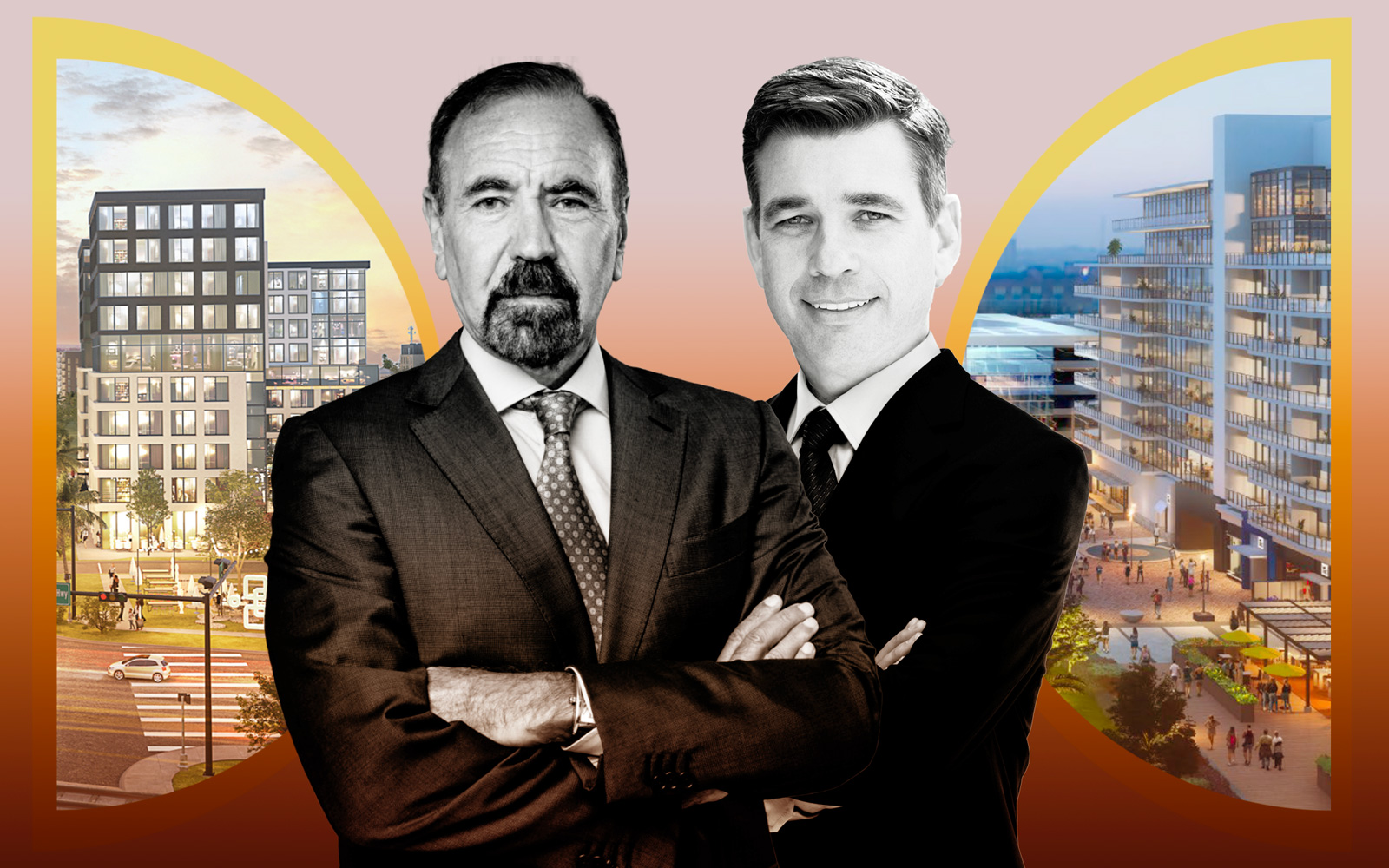 Related Chairman and CEO Jorge Pérez, and RocaPoint principal Phil Mays with renderings of their downtown Pompano Beach master plan