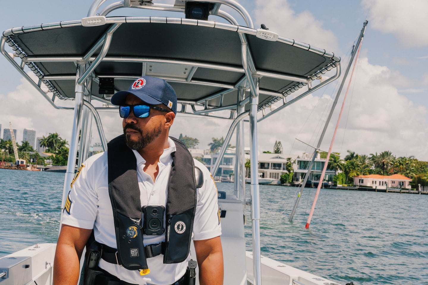 Miami Beach Police Officer Sergeant Javier Fernandez aboard his boat in Biscayne Bay.
