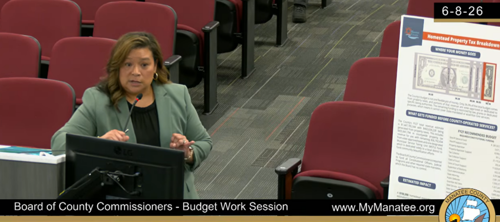 Screenshot of Manatee County's budget work session on June 8, 2026