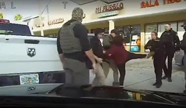 A woman is seen kicking at an immigration agent.