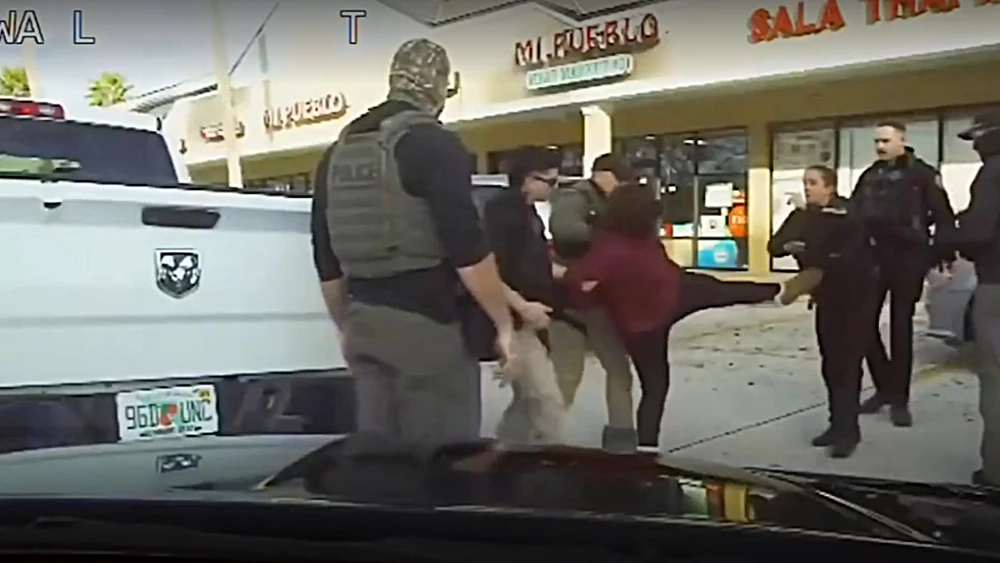 A woman is seen kicking at an immigration agent.