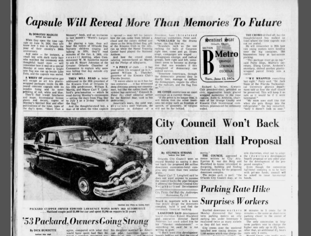 The front page of the Local section of the Orlando Sentinel Star from June 15, 1976 with the story of a bicentennial time capsule being sealed at Lake Eola. It was opened on Monday, June 29, 2026. (Orlando Sentinel File)