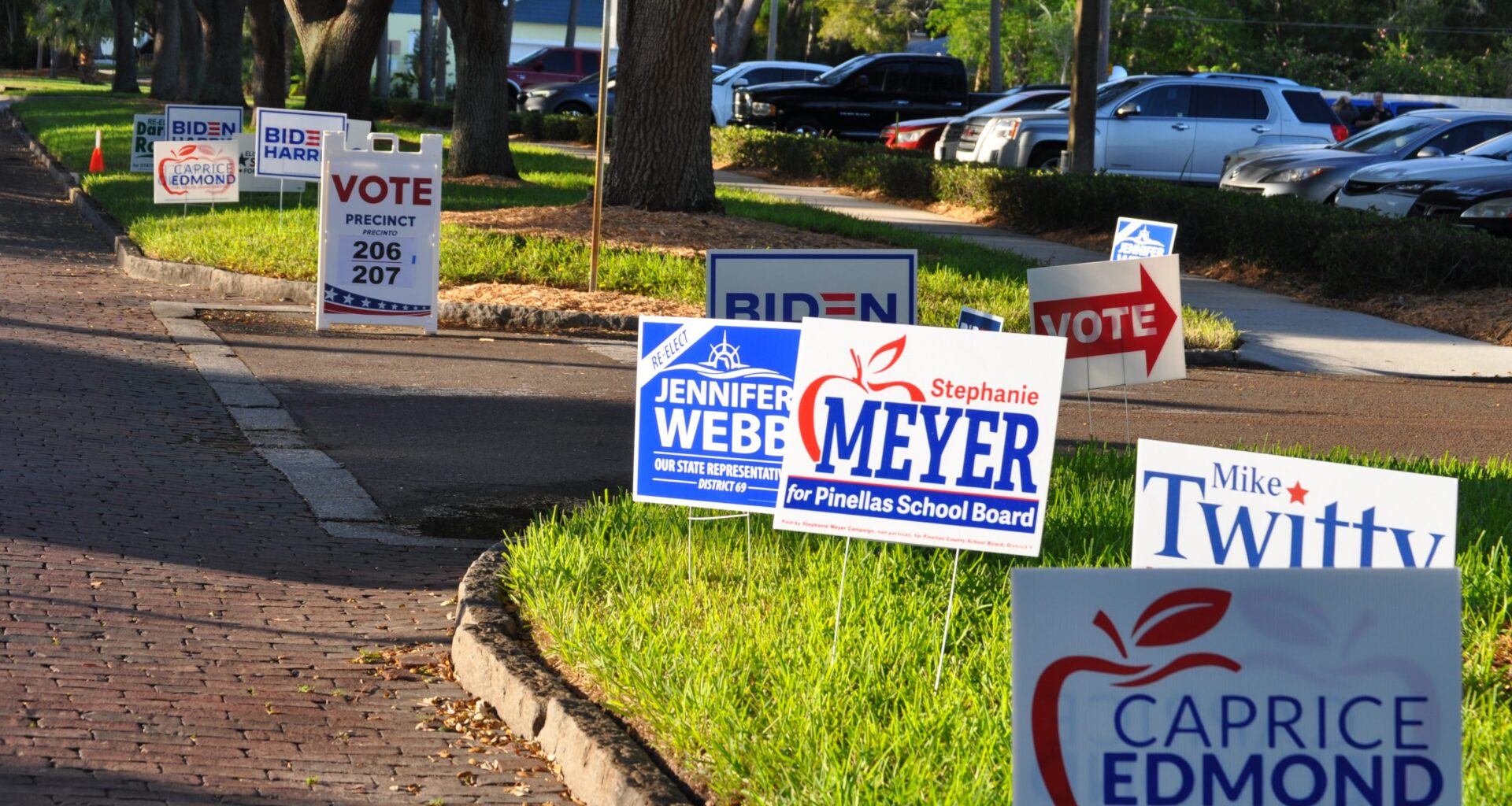 by Seán Kinane WMNF 2020 Nov 3 Election Day Gulfport (Pinellas County) Florida. Florida's most densely populated county. A swing county along the I-4 corridor in the country's largest swing state. Webb Meyer Twitty Biden Edmond 2020 Gulfport