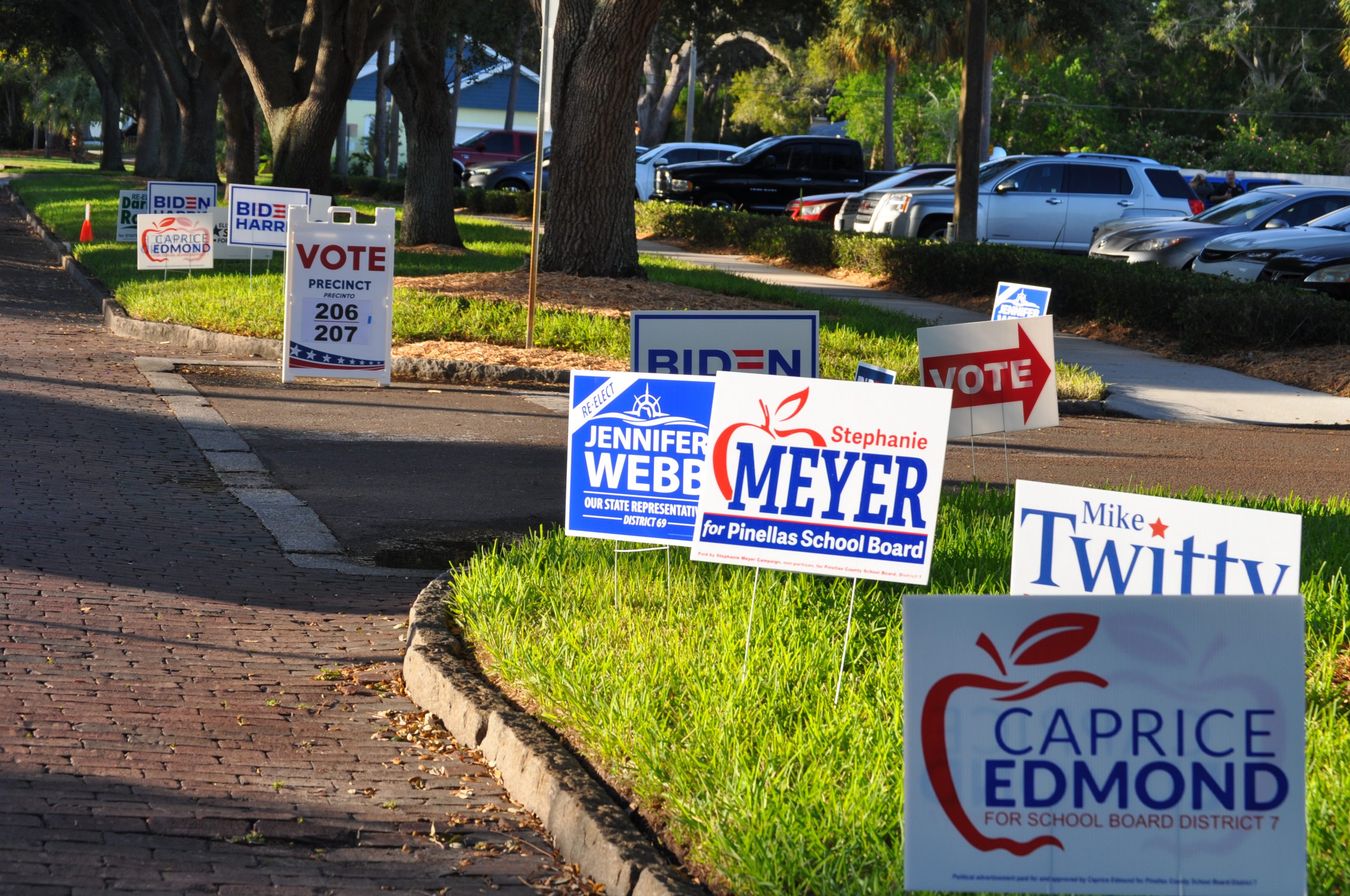 by Seán Kinane WMNF 2020 Nov 3 Election Day Gulfport (Pinellas County) Florida. Florida's most densely populated county. A swing county along the I-4 corridor in the country's largest swing state. Webb Meyer Twitty Biden Edmond 2020 Gulfport