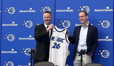New Orlando Magic coach Sean Sweeney, left, is introduced by Magic president Jeff Weltman at a news conference at the team's training facility Thursday, June 18, 2026, in Orlando, Fla. (AP Photo/Tim Reynolds)
