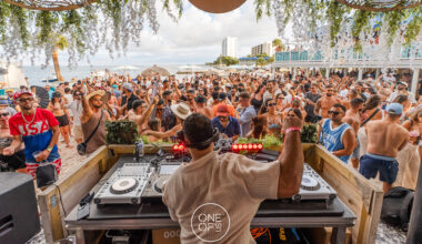A beach party featuring a DJ performing on a wooden deck with turntables and a mixer, facing a large crowd of people dancing in front of palm trees and beach umbrellas.