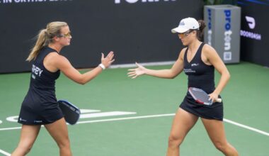 Kate Fahey and Anna Bright celebrate after a point during Major League Pickleball St. Petersburg.