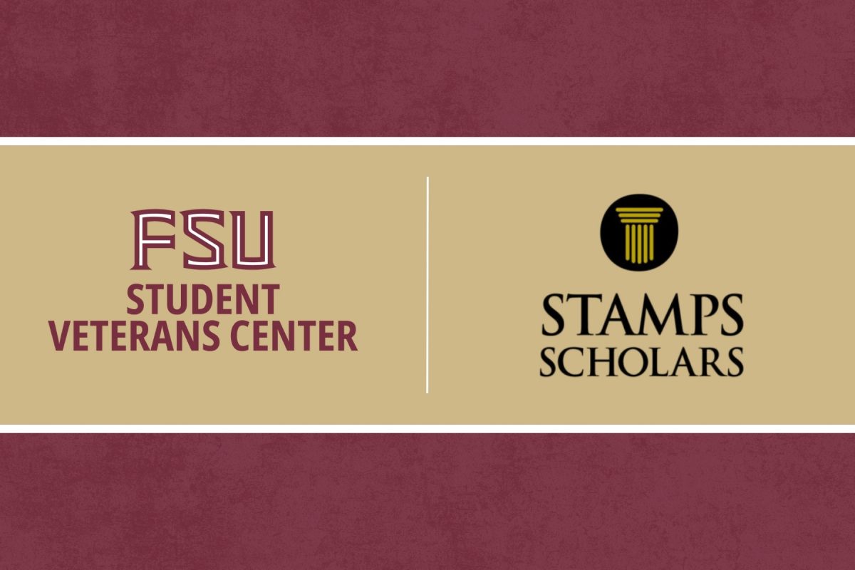 The FSU Student Veterans Center logo and Stamps Scholars logo on a garnet and gold background.