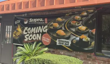 A sign shows the new sushi restaurant planned in Tinseltown.